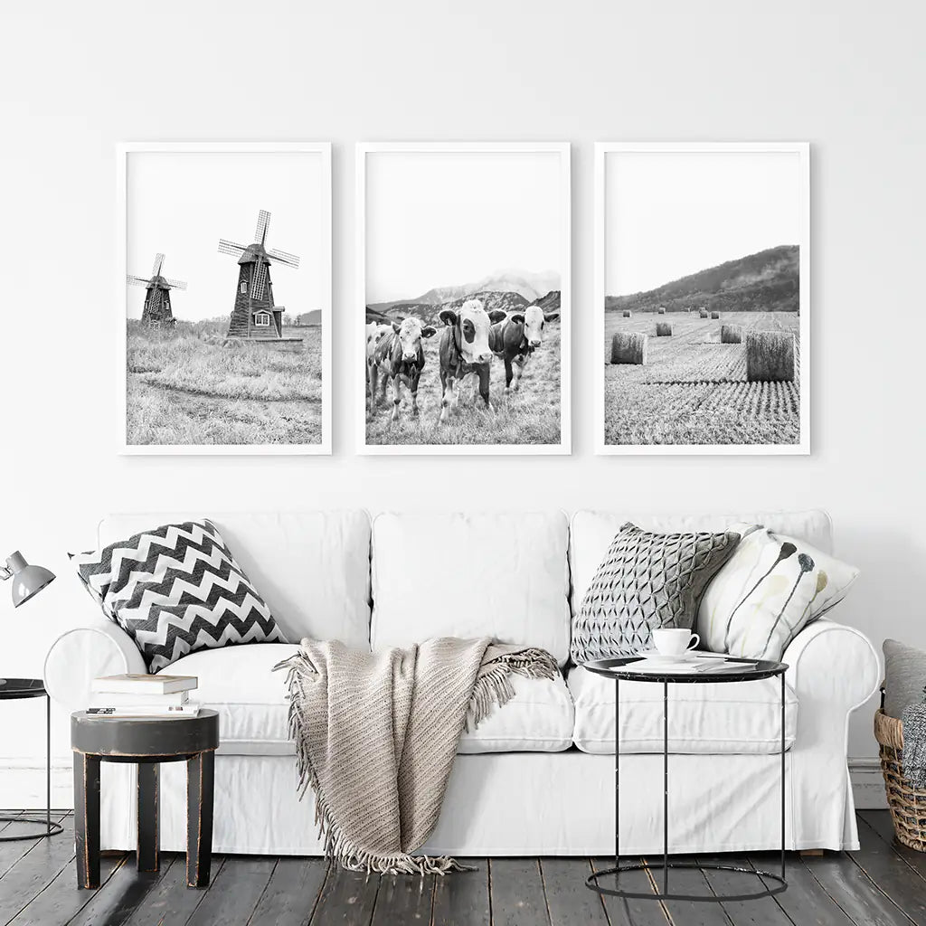 Black White Farmhouse Wall Art Set of 3. Windmill, Cows