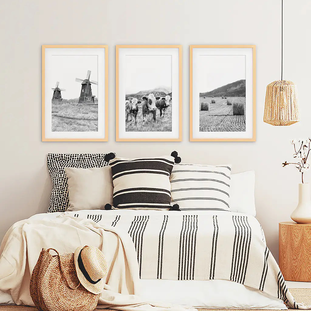 Black White Farmhouse Wall Art Set of 3. Windmill, Cows