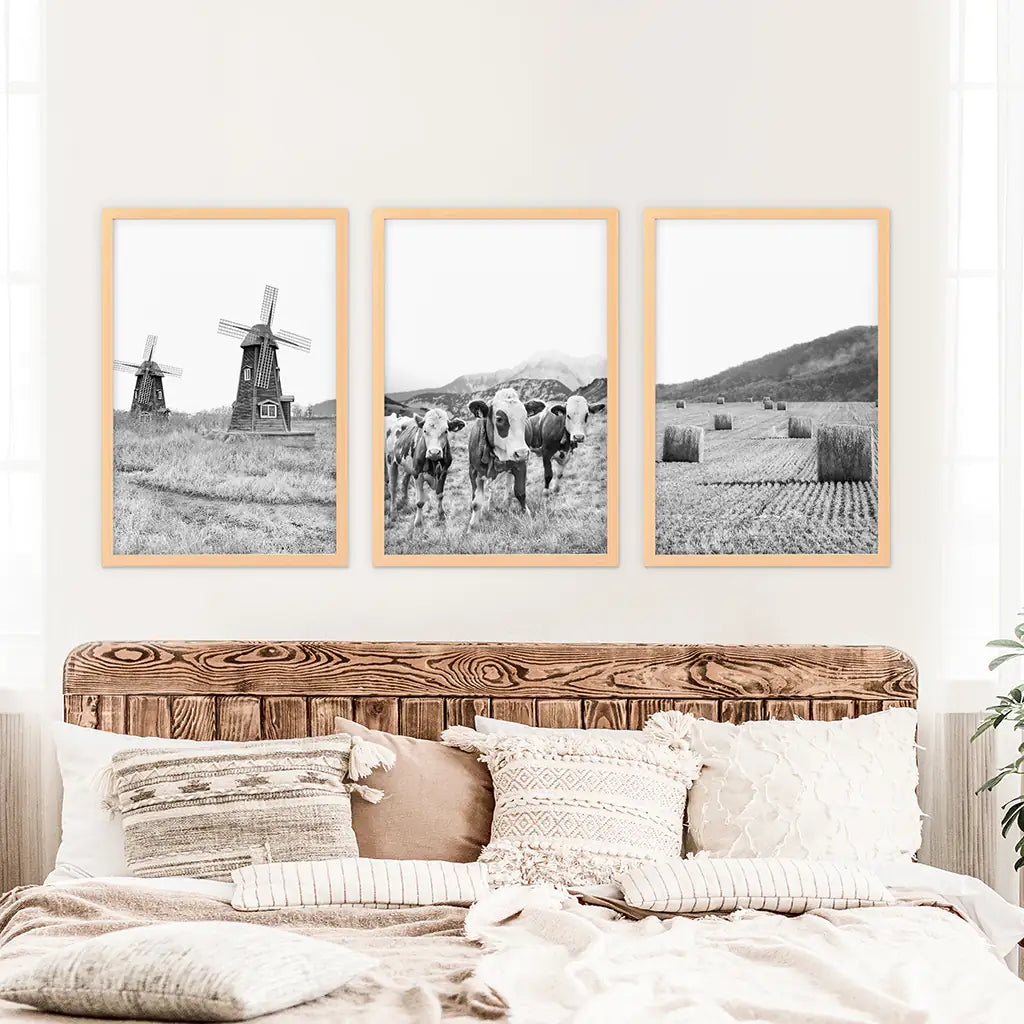 Black White Farmhouse Wall Art Set of 3. Windmill, Cows