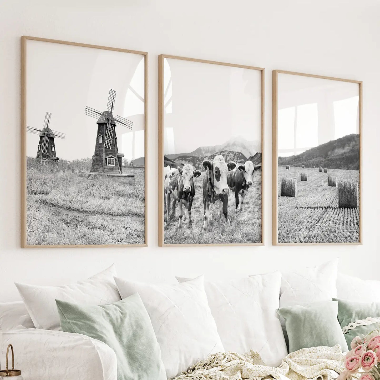 Set of 3 black and white farmhouse prints with a windmill, cows, and hay bales