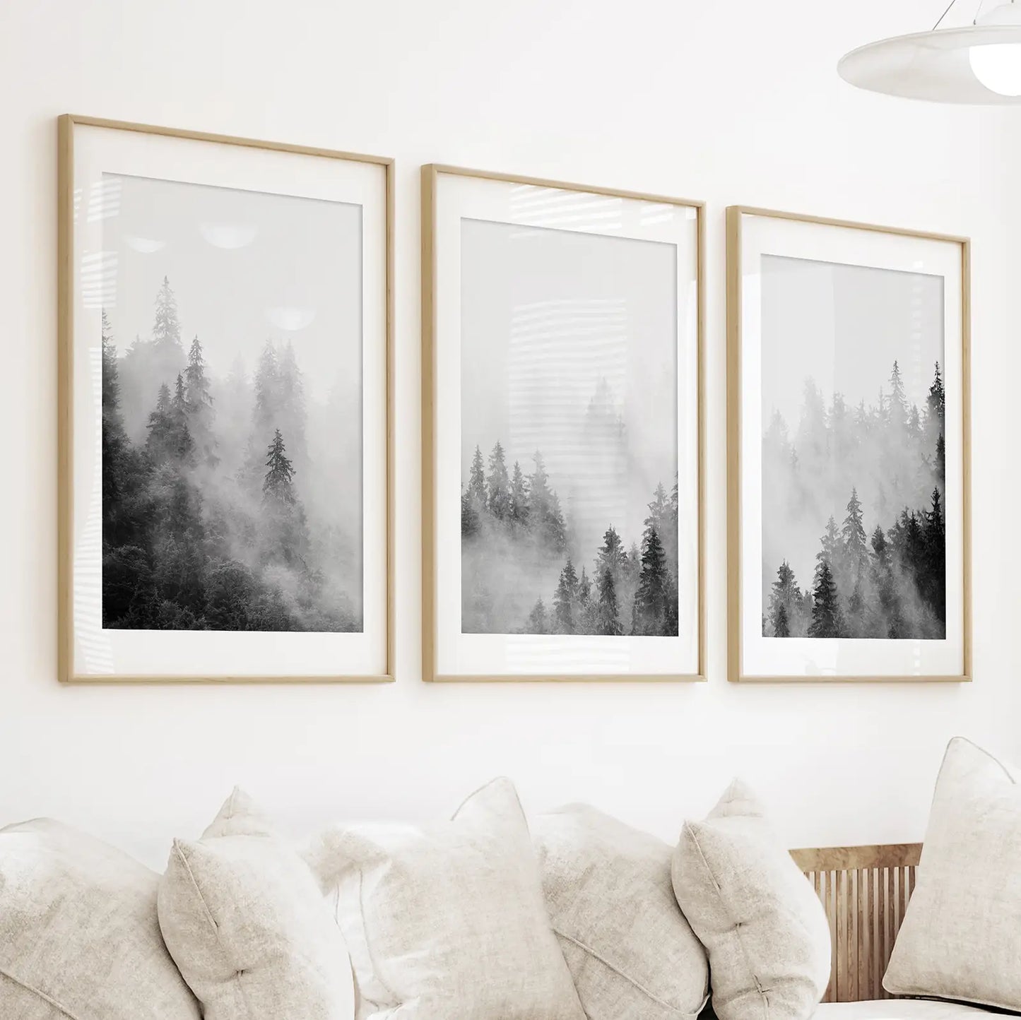 Black White Misty Forest Wall Art, 3 Piece Set