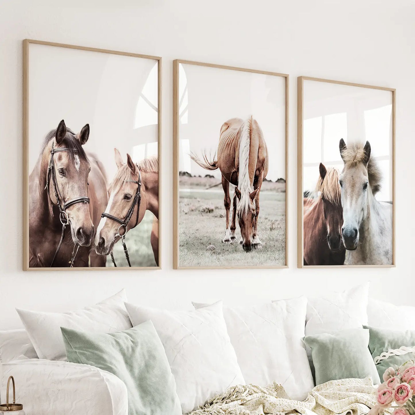 Brown horses in a meadow 3 piece farmhouse western wall art set