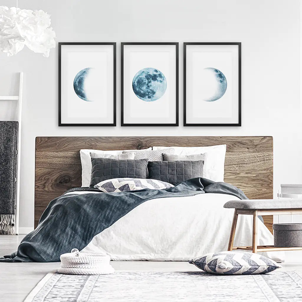 Lunar Moon Phases Wall Art, Blue Nursery 3 Piece Set