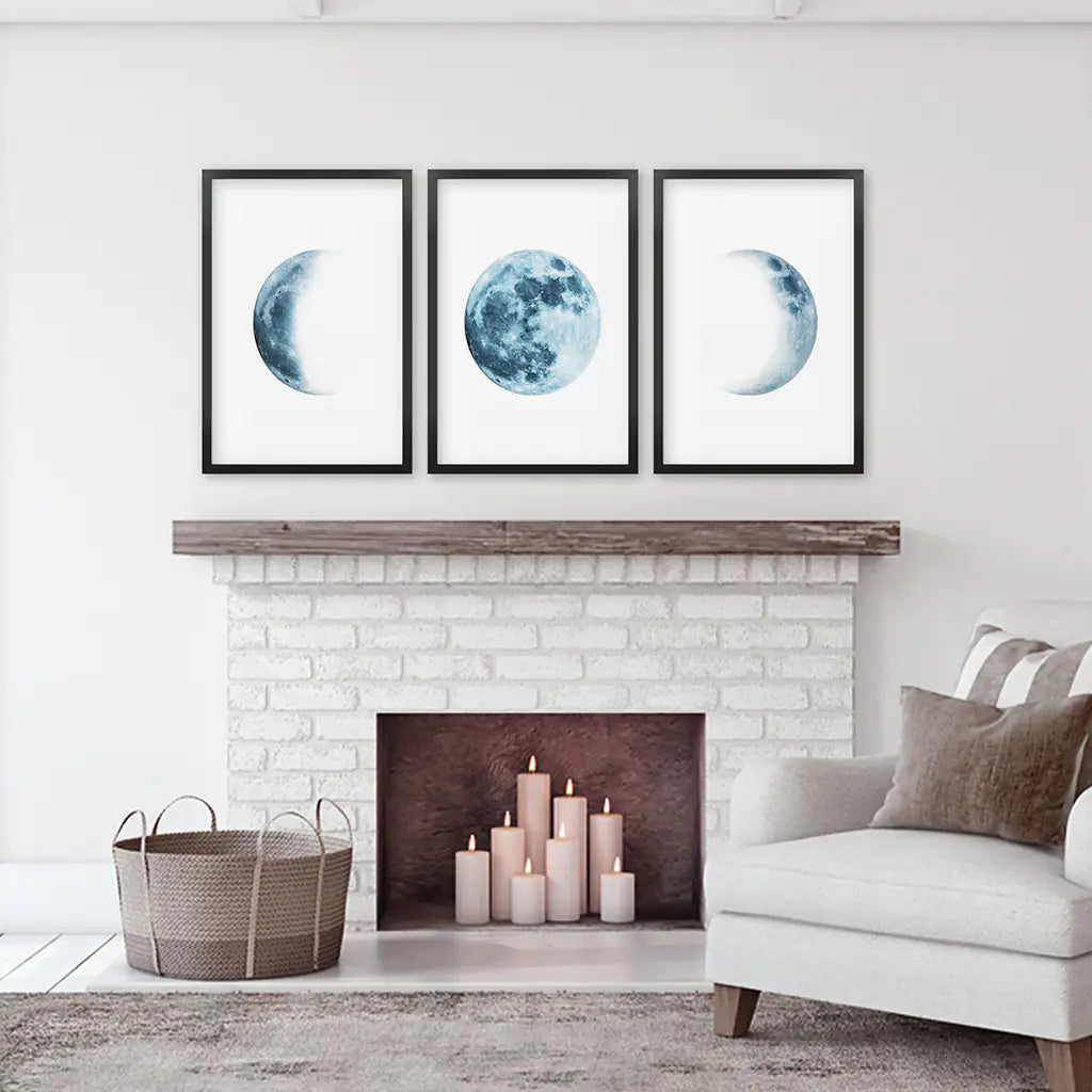 Lunar Moon Phases Wall Art, Blue Nursery 3 Piece Set