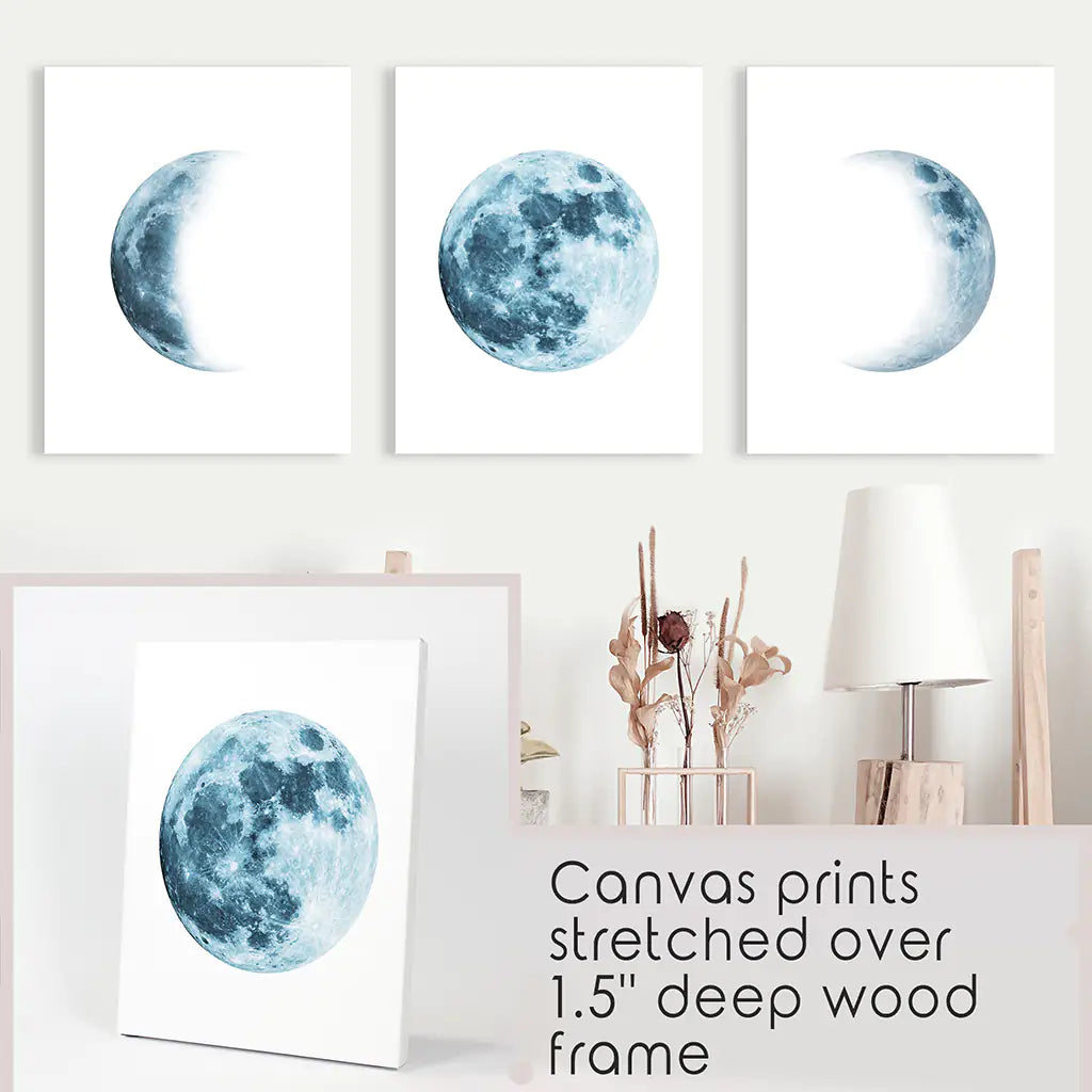 Lunar Moon Phases Wall Art, Blue Nursery 3 Piece Set