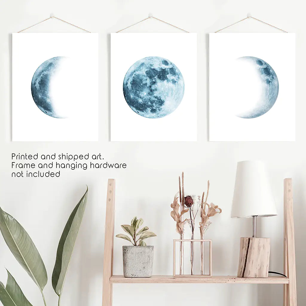 Lunar Moon Phases Wall Art, Blue Nursery 3 Piece Set