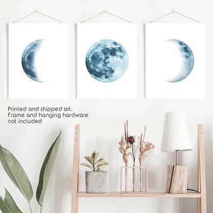 Lunar Moon Phases Wall Art, Blue Nursery 3 Piece Set