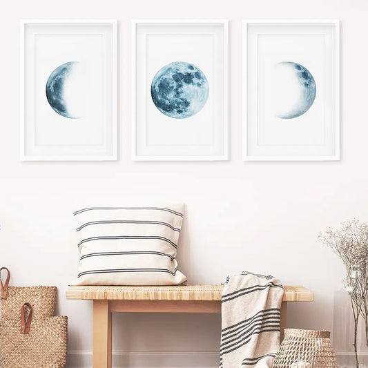 Lunar Moon Phases Wall Art, Blue Nursery 3 Piece Set