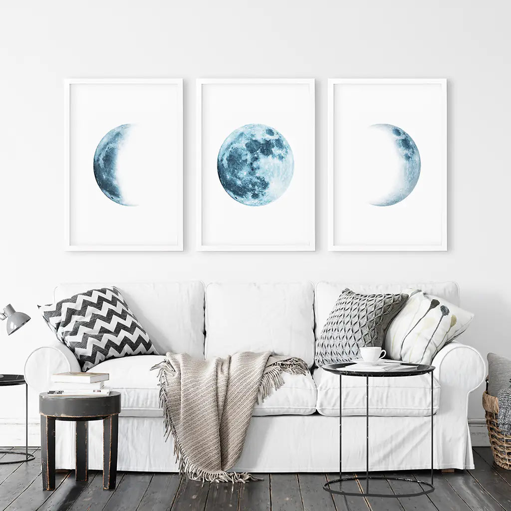 Lunar Moon Phases Wall Art, Blue Nursery 3 Piece Set