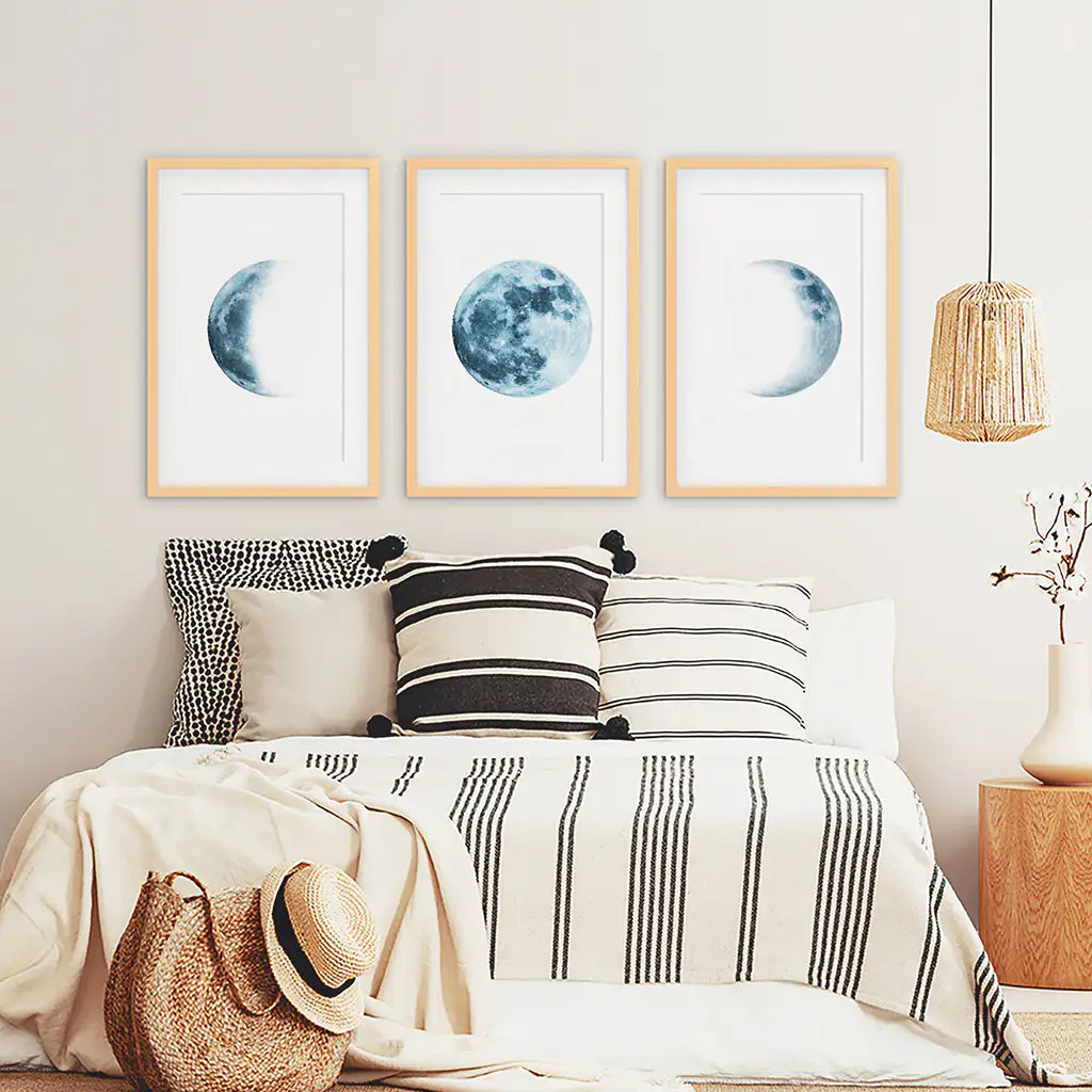 Lunar Moon Phases Wall Art, Blue Nursery 3 Piece Set