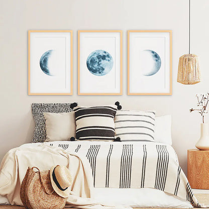 Lunar Moon Phases Wall Art, Blue Nursery 3 Piece Set