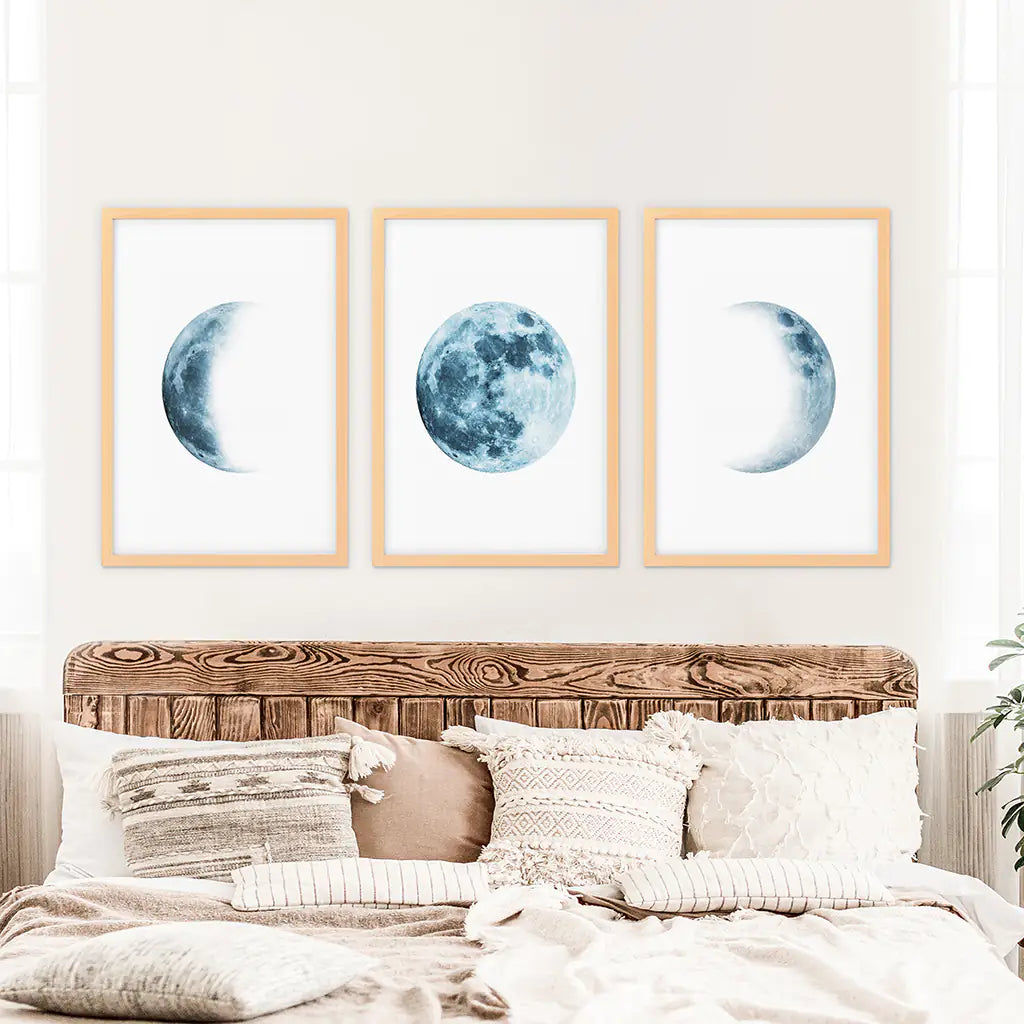 Lunar Moon Phases Wall Art, Blue Nursery 3 Piece Set