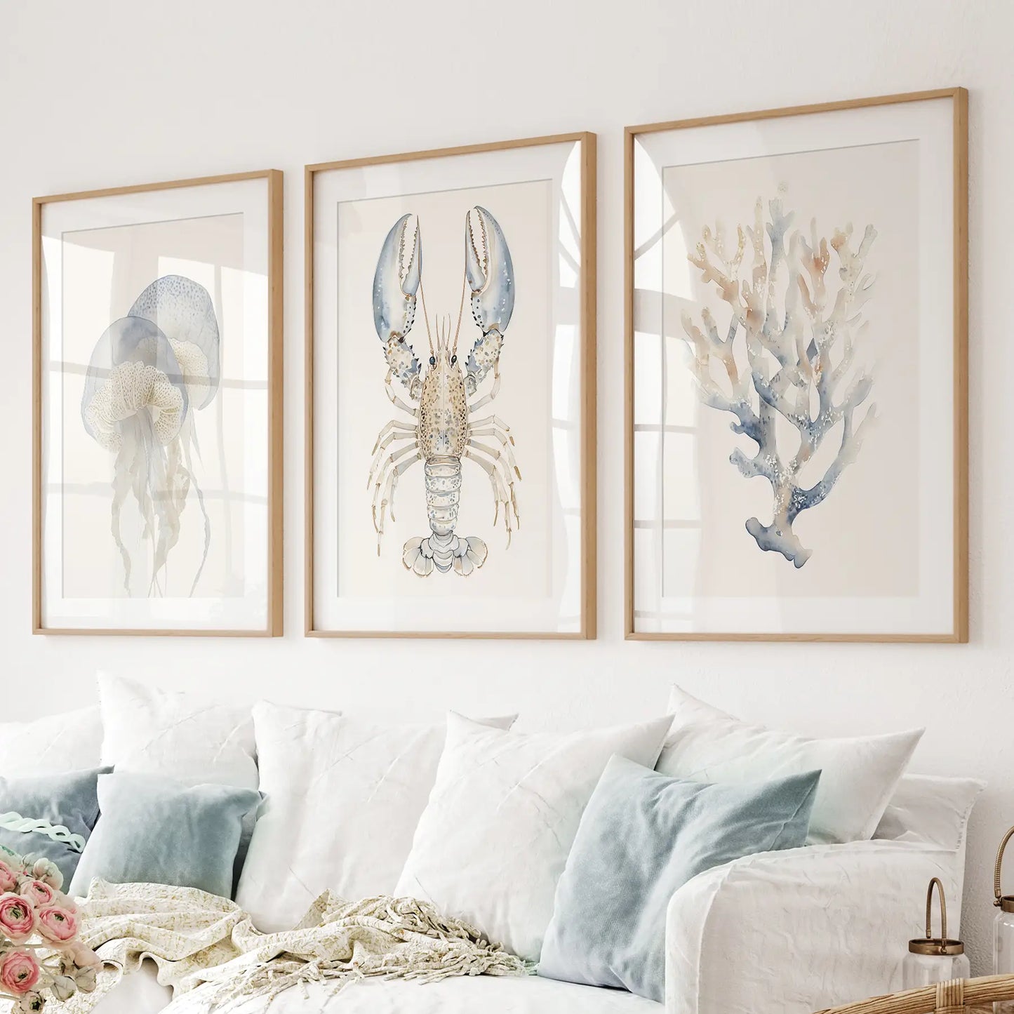 Ocean Animal Wall Art Set of 3, Jellyfish Lobster Coral