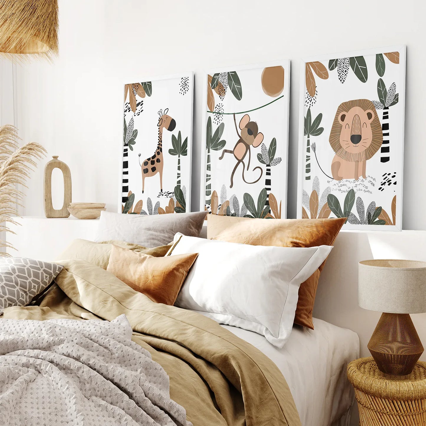 Safari Animals Nursery Wall Art Set of 3 - Giraffe, Monkey, Lion