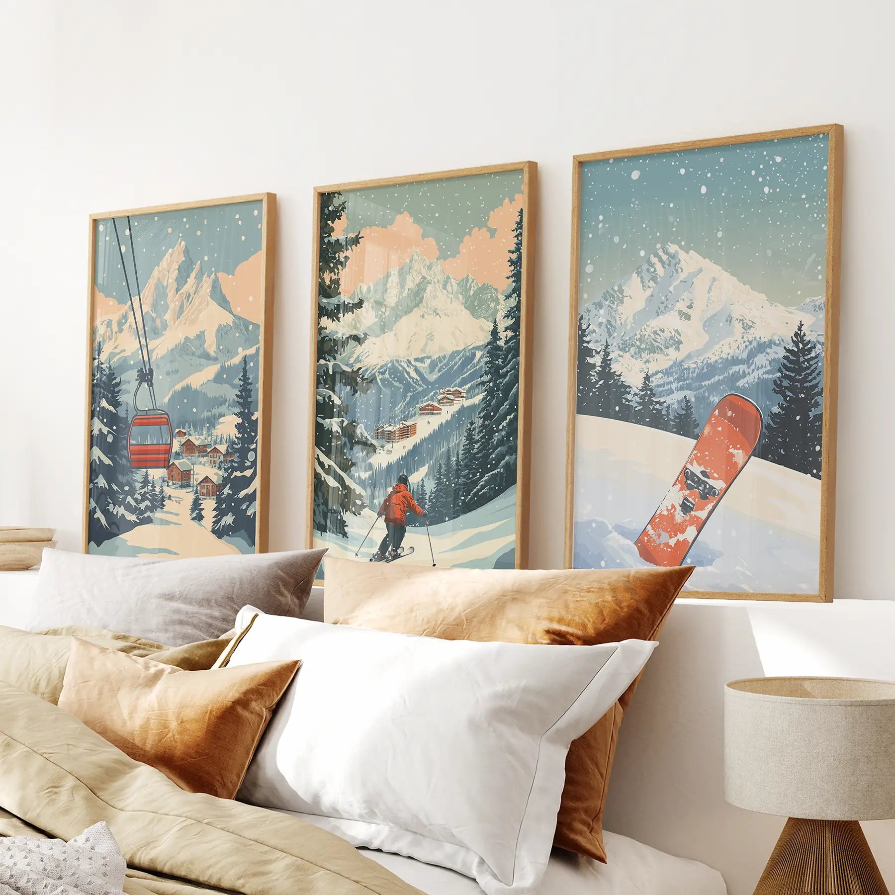Set of 3 vintage ski snowboard and ski lift wall art prints