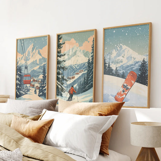 Set of 3 vintage ski snowboard and ski lift wall art prints