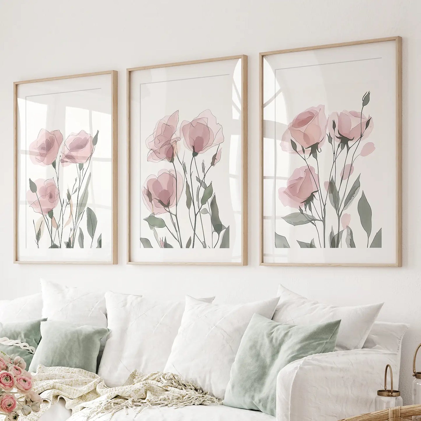 Blush Pink Watercolor Flowers Wall Art Set of 3