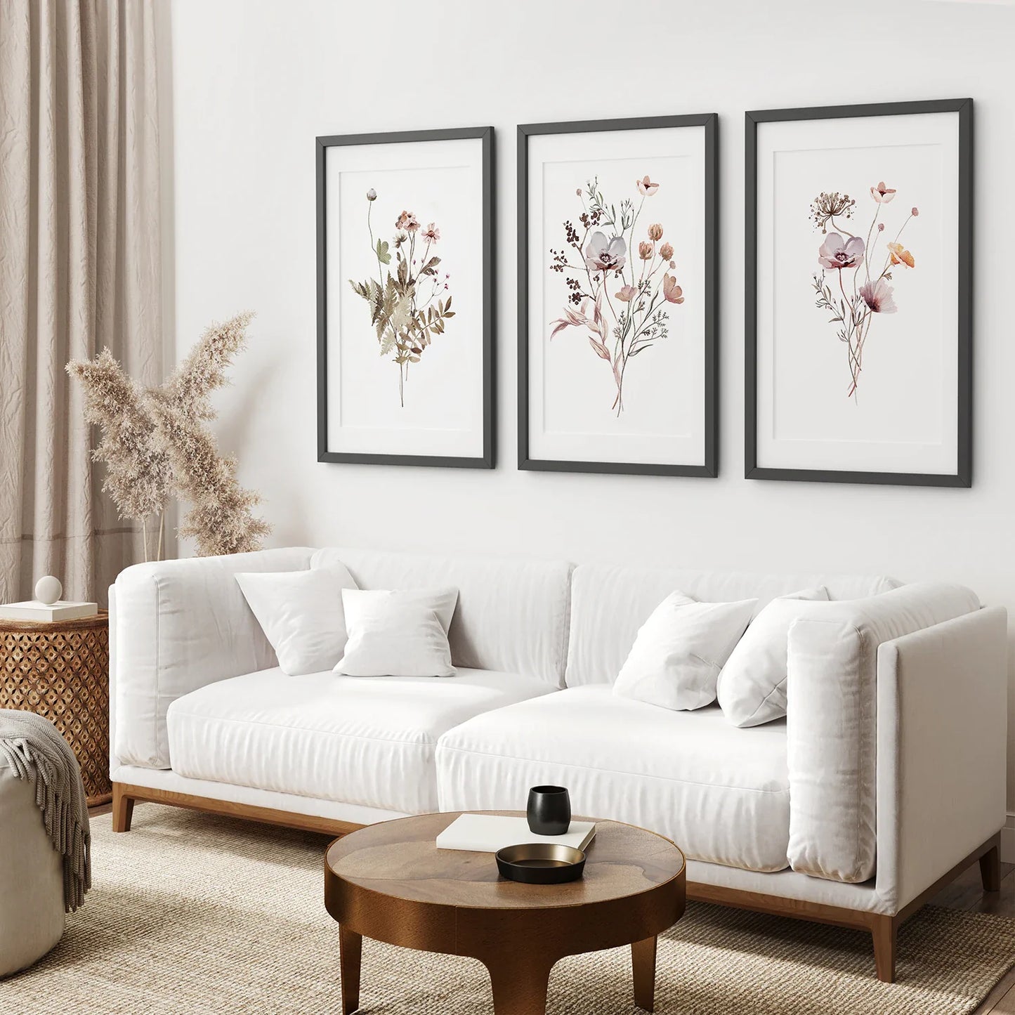 Beige Purple Wildflower Wall Art Set of 3, Boho Floral