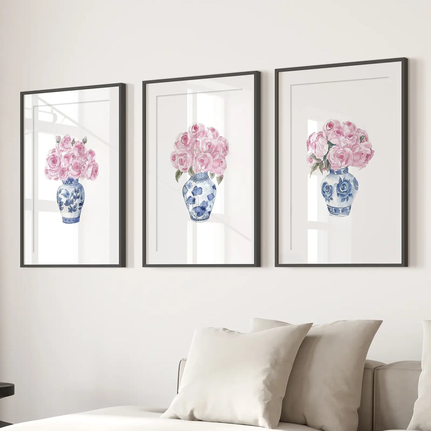 Blue Chinoiserie Roses Wall Art Set of 3 Floral Prints