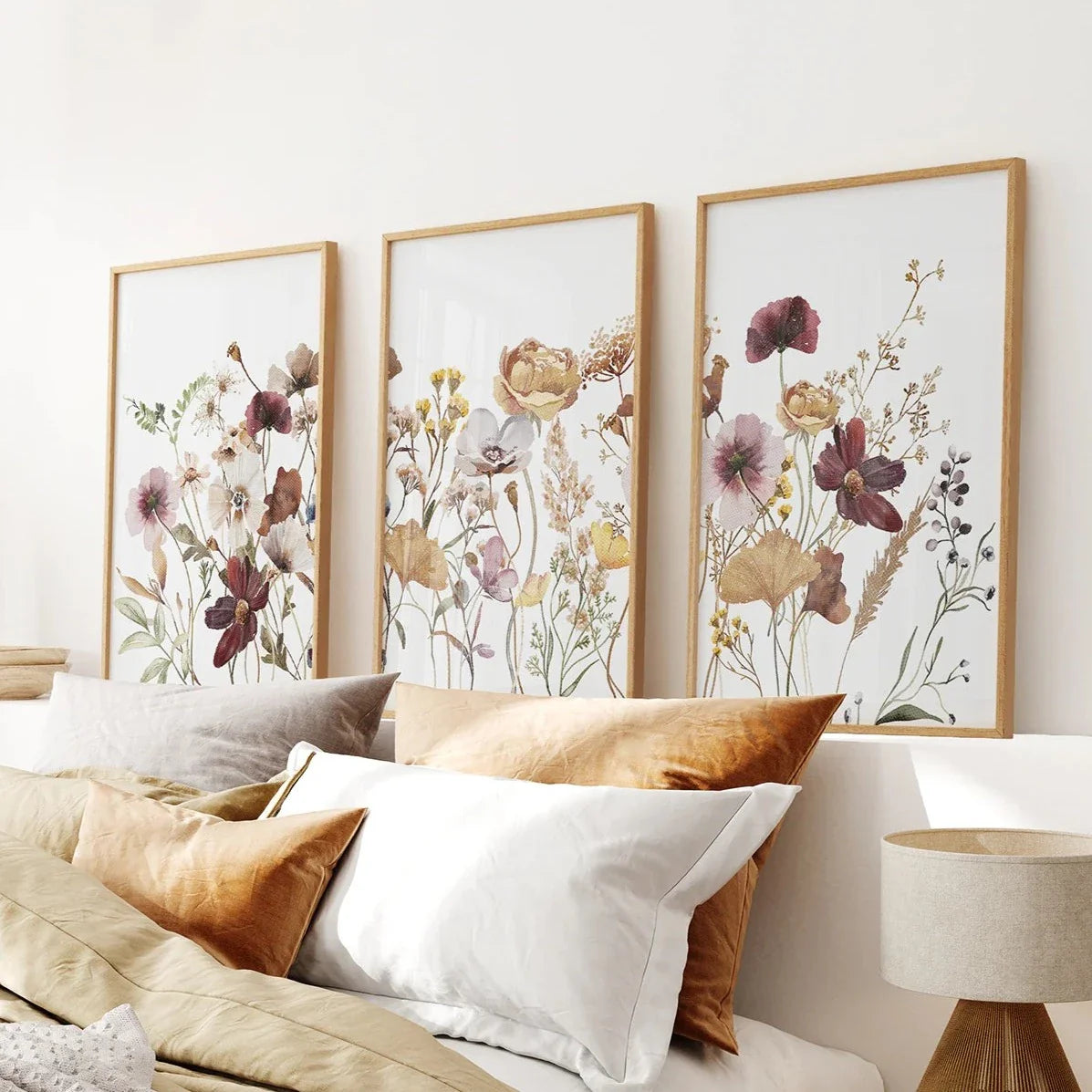 Brown and red watercolor wildflower botanical wall art set of 3 prints