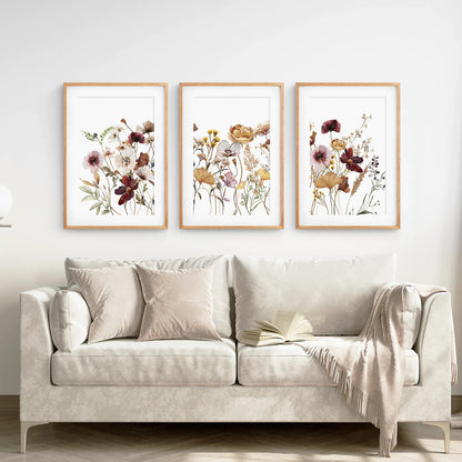 Brown Red Wildflower Wall Art Set of 3, Botanical Prints