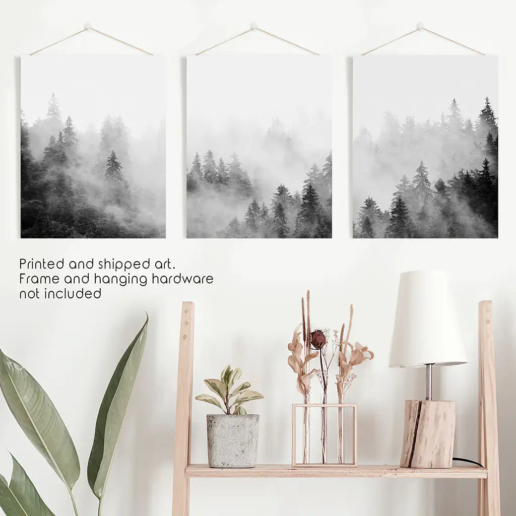 Black White Misty Forest Wall Art, 3 Piece Set