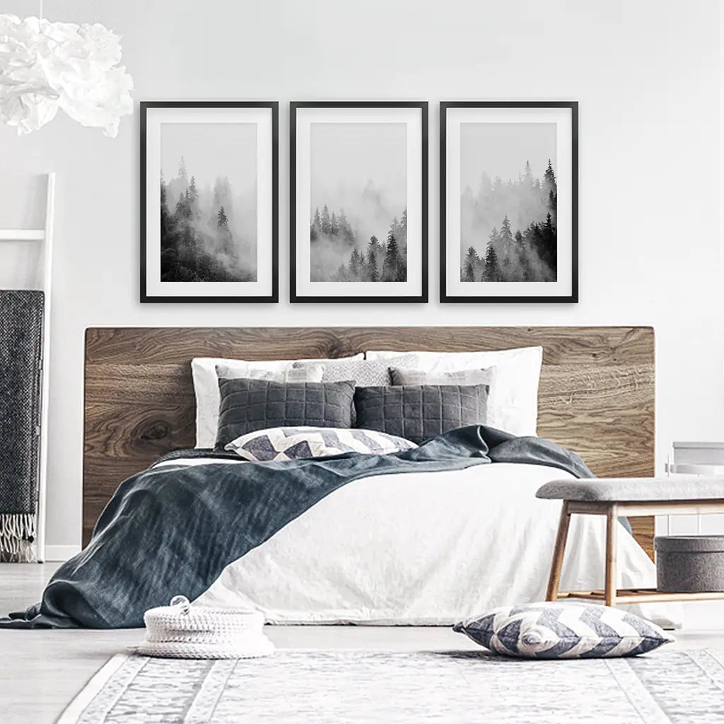 Black White Misty Forest Wall Art, 3 Piece Set