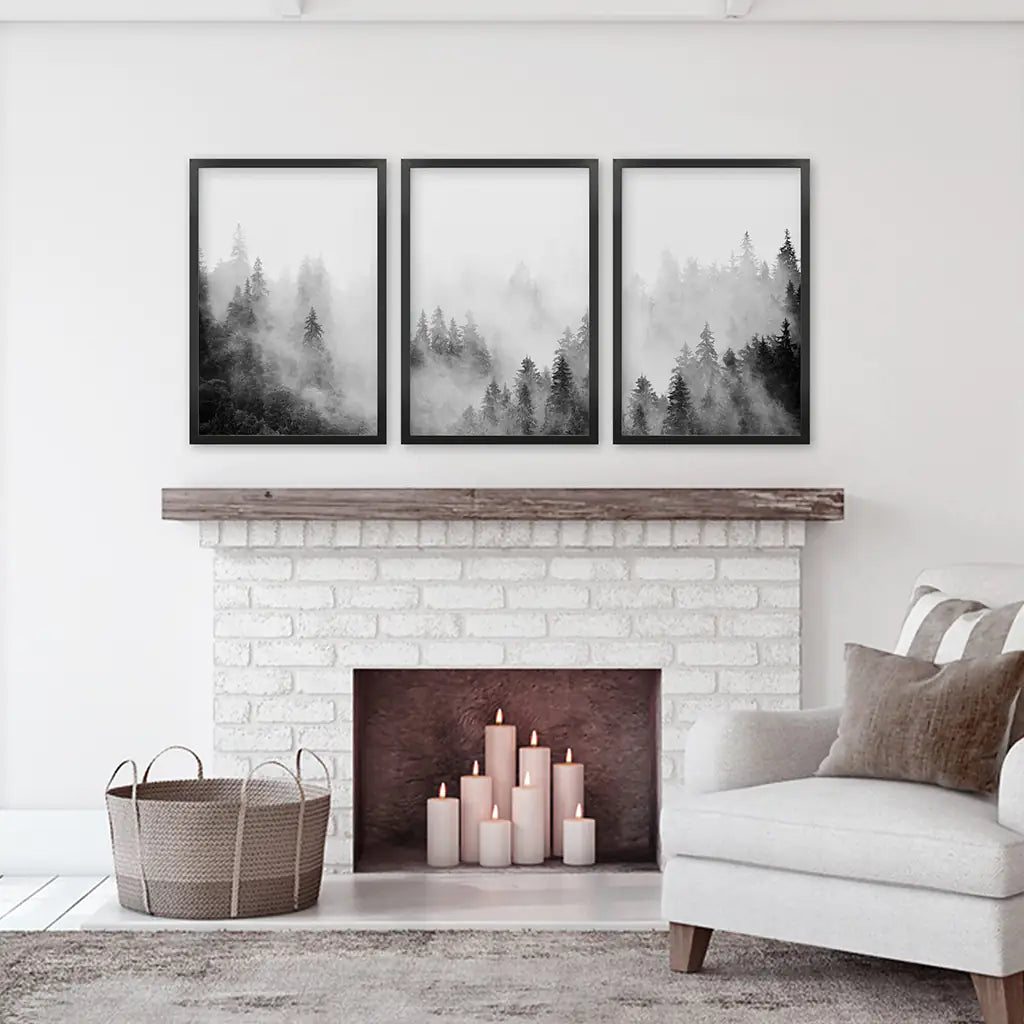 Black White Misty Forest Wall Art, 3 Piece Set
