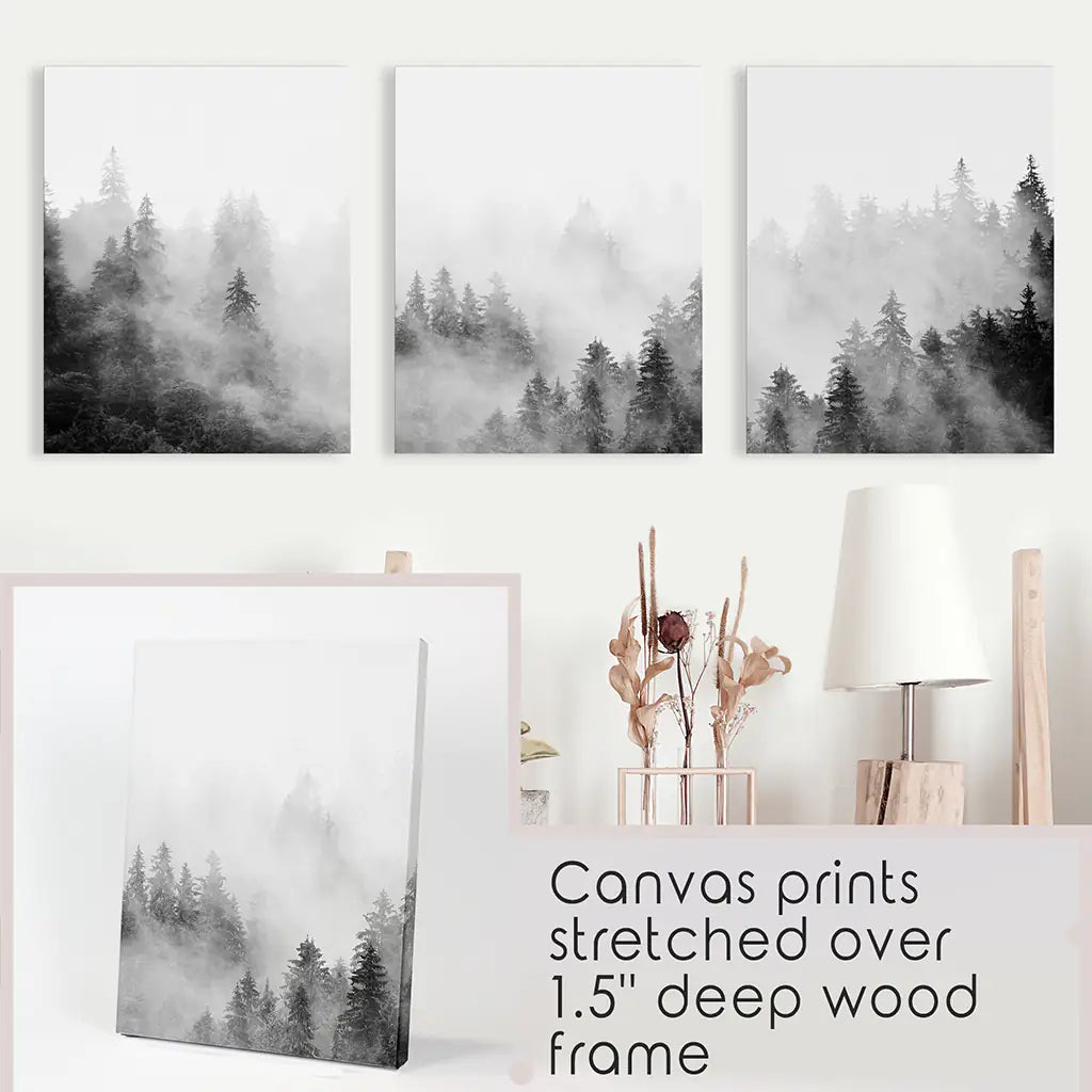 Black White Misty Forest Wall Art, 3 Piece Set