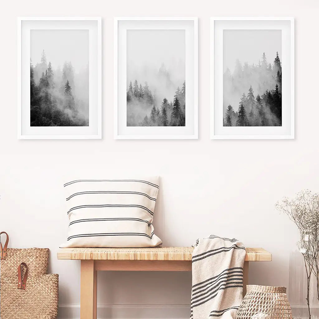 Black White Misty Forest Wall Art, 3 Piece Set