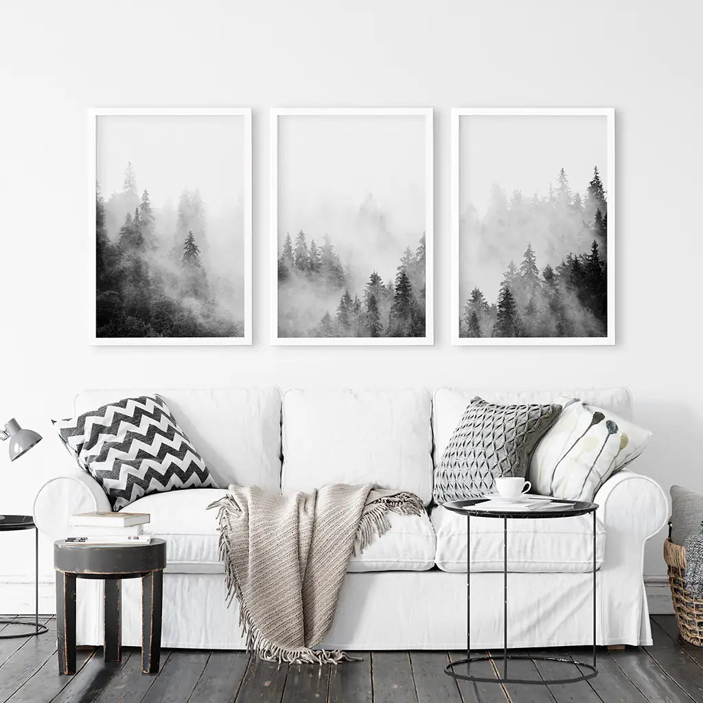 Black White Misty Forest Wall Art, 3 Piece Set