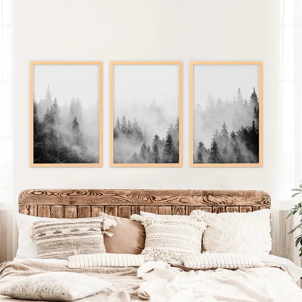 Black White Misty Forest Wall Art, 3 Piece Set