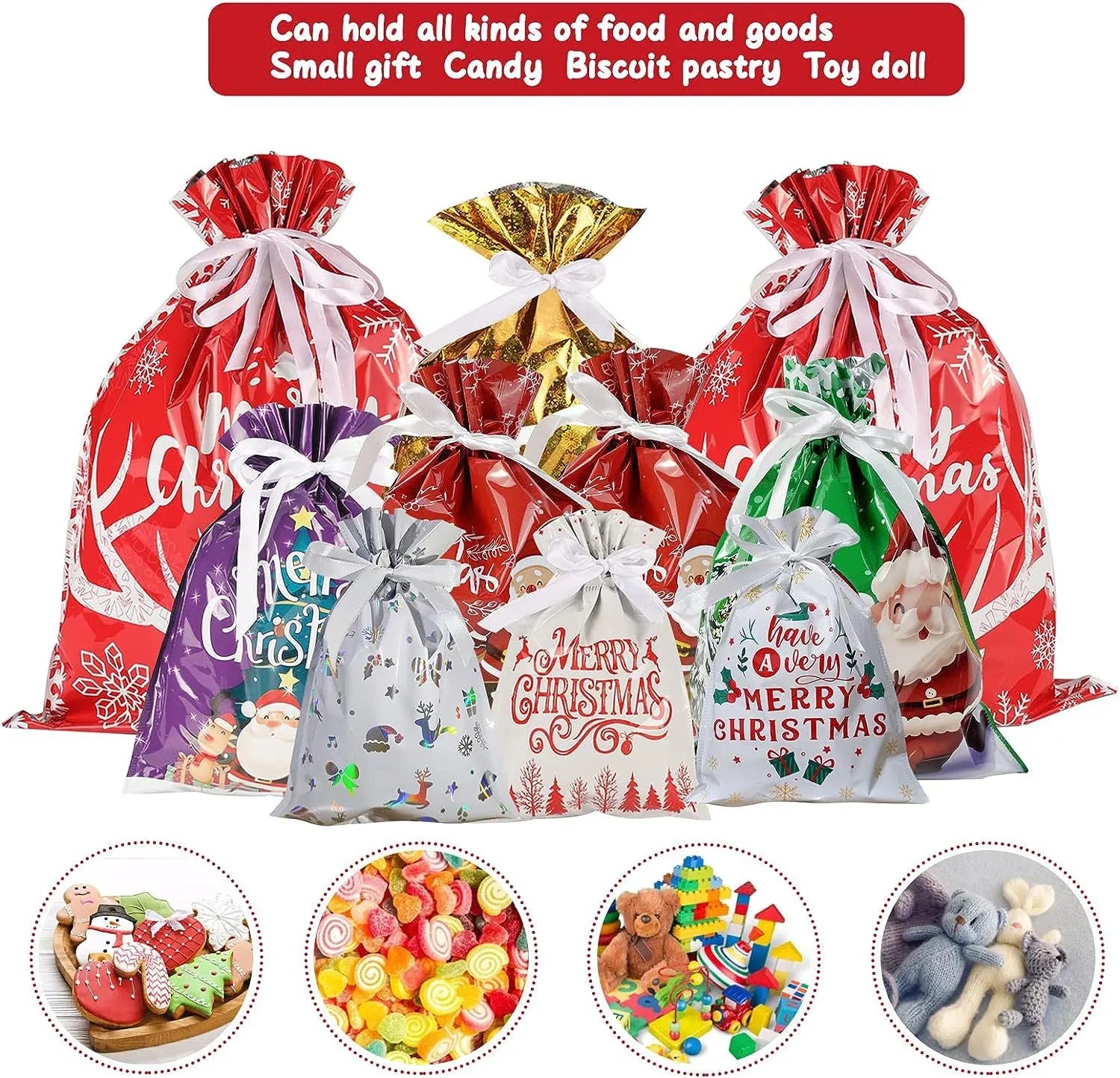 Set of Christmas-themed gift bags with various designs and illustrations.