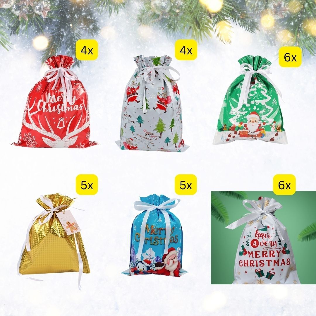 Set of Christmas-themed gift bags with varying designs and quantities on a festive background.