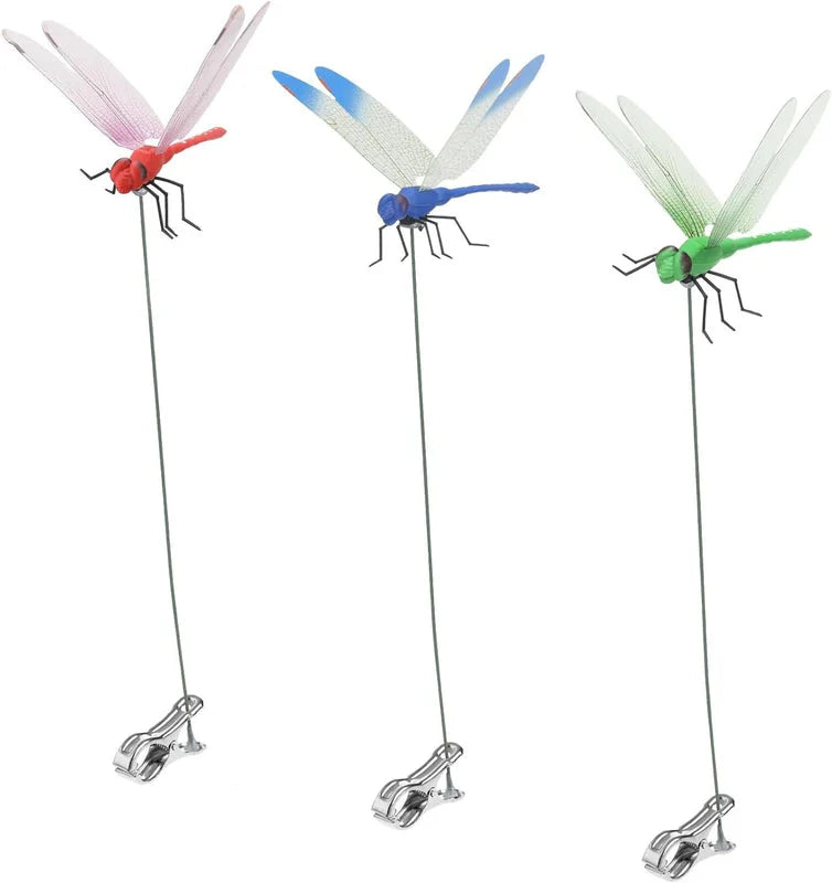 Set of decorative dragonfly clips with metal stems and clamp bases