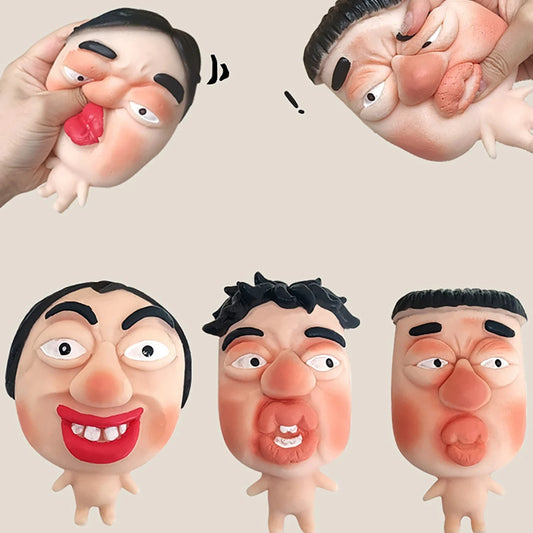 Set of four cartoonish squeeze face figurines with exaggerated expressions on a beige background