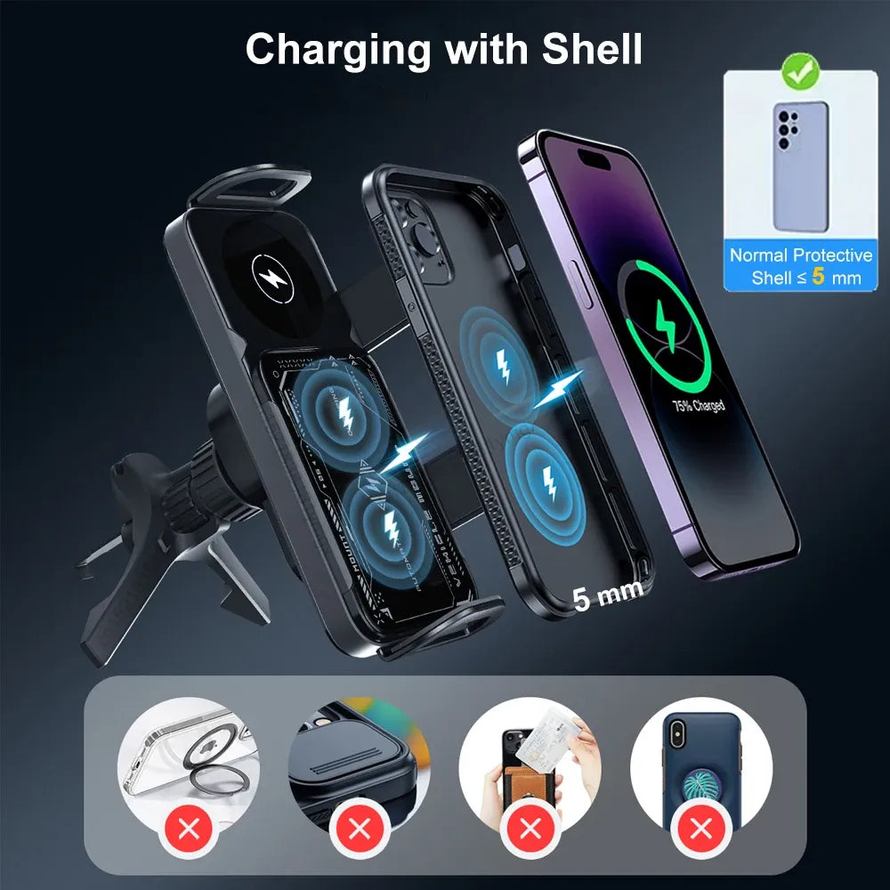 Case-friendly Qi car charger showing 5mm charging through phone case