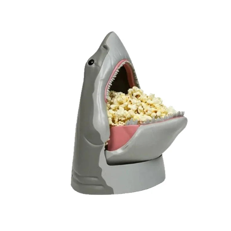 Shark popcorn bucket filled with fresh popcorn showing large capacity mouth opening and storage functionality