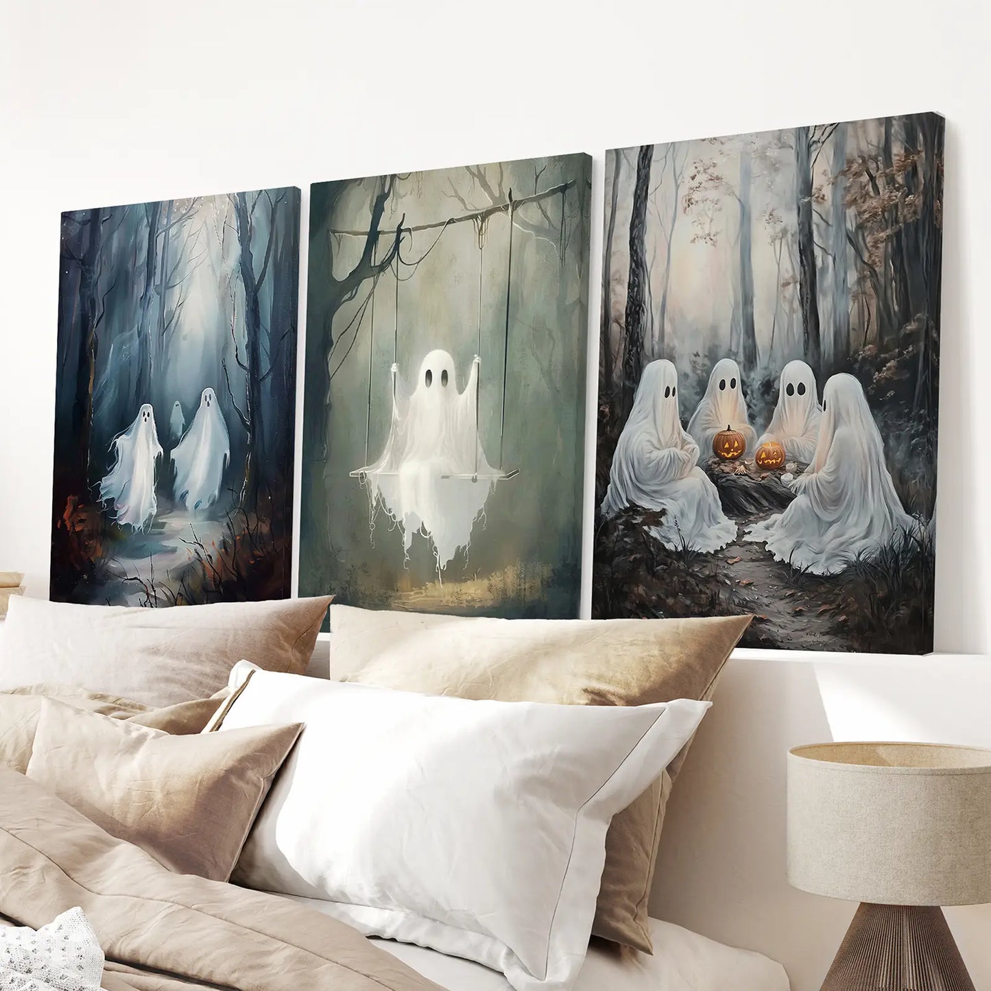 Spooky Ghost Halloween Wall Art Set of 3 Prints