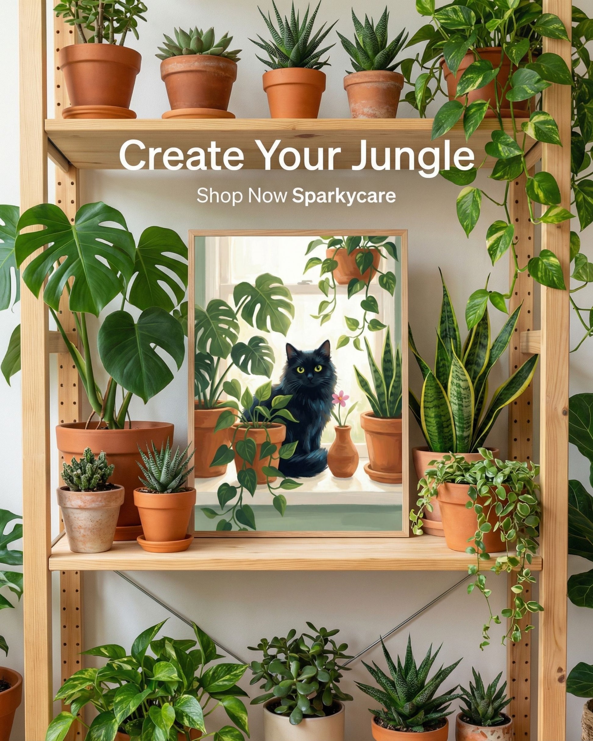 Shelving unit with various potted plants and a framed picture of a cat in a plant-filled room, with text 'Create Your Jungle' and 'Shop Now Sparkycare'.