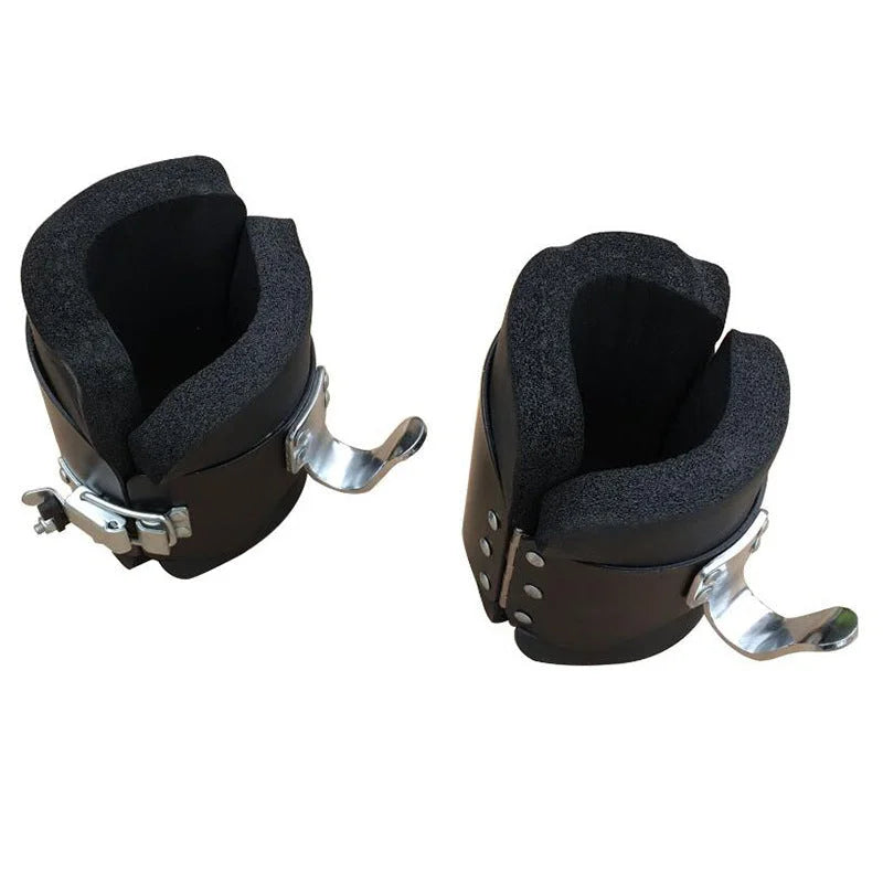 Side angle of inversion table ankle cuffs with reinforced metal hook attachment
