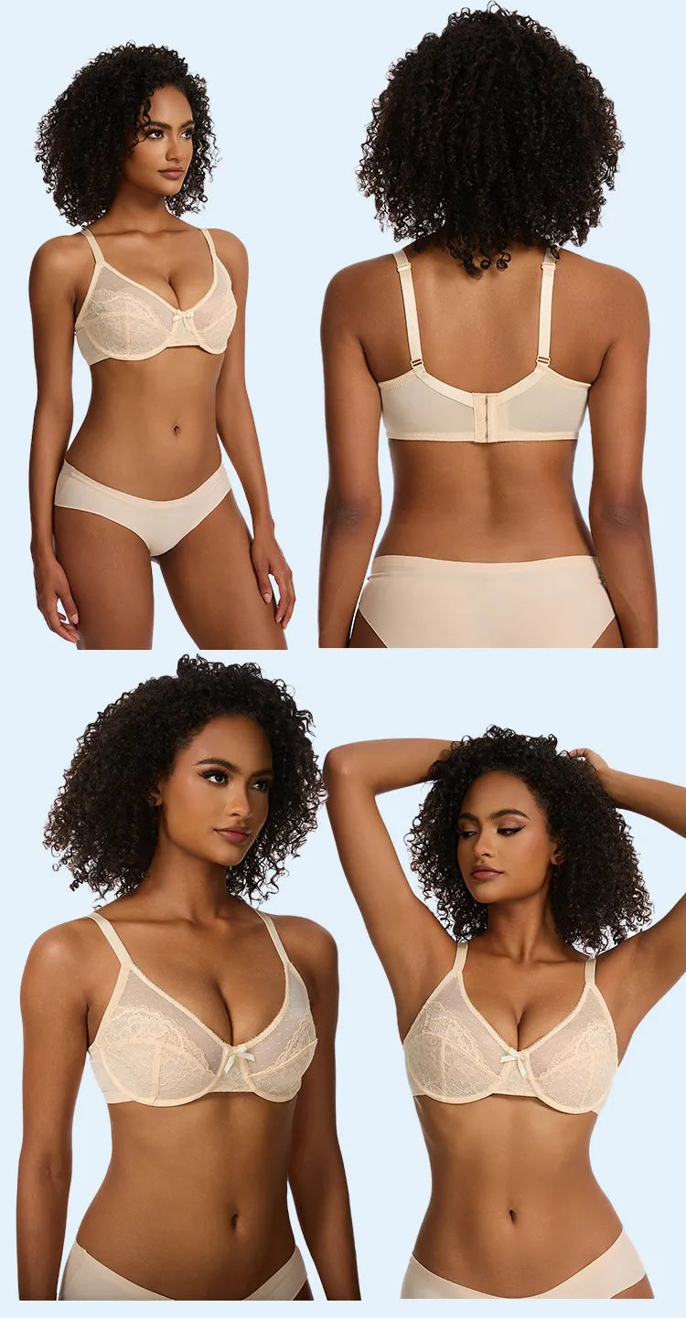 Side view beige minimizer bra on model showing natural lift profile smooth lines under fitted top