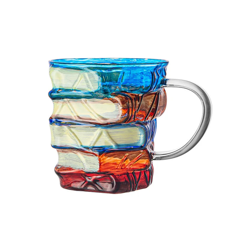 Side view of multicolor stacked-book glass mug with clear handle