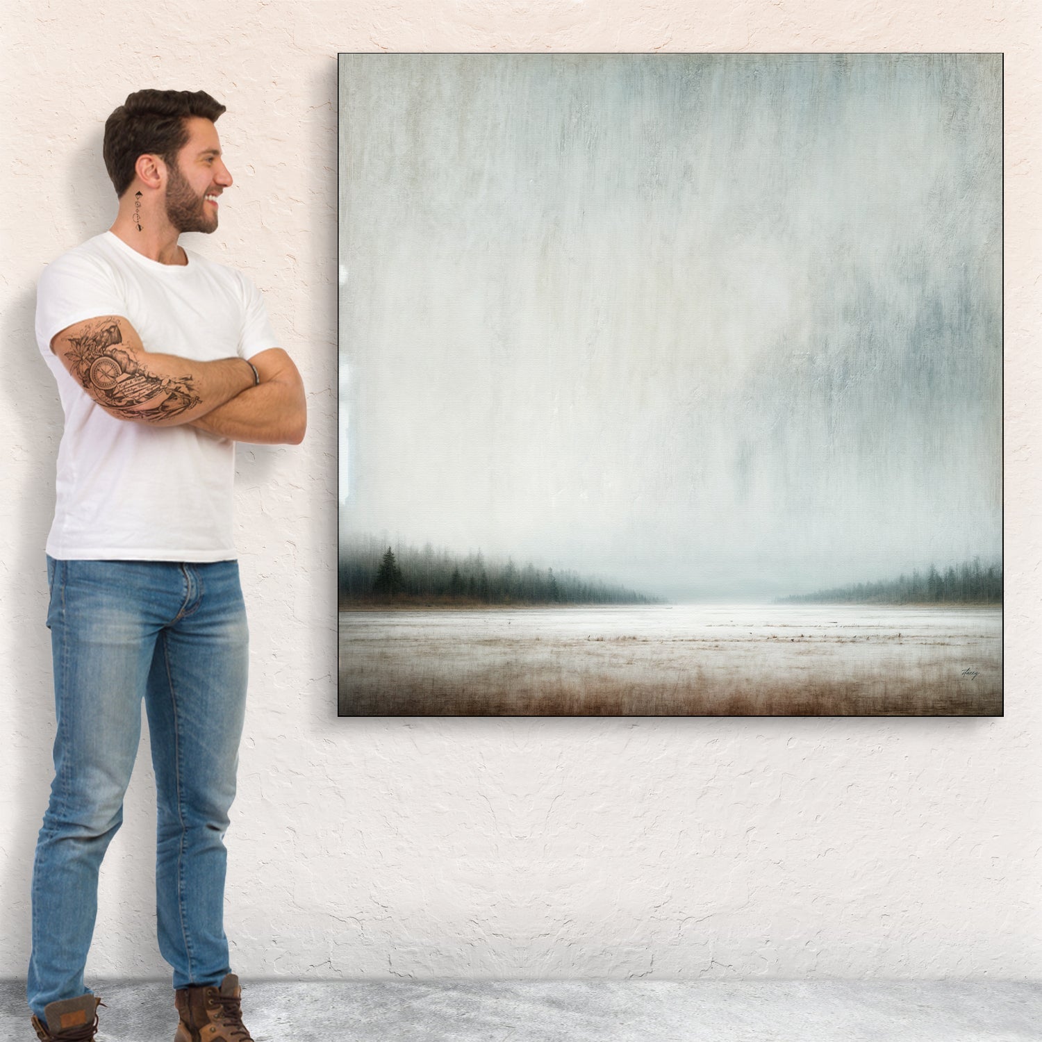 Silent Expanse misty forest tree corridor canvas wall art with open sky
