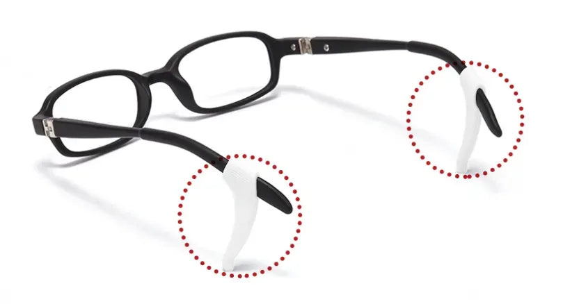 Silicone ear hooks on plastic frame glasses preventing slip