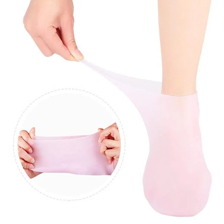 Silicone gel moisturizing socks showing stretchy material and comfortable fit on foot
