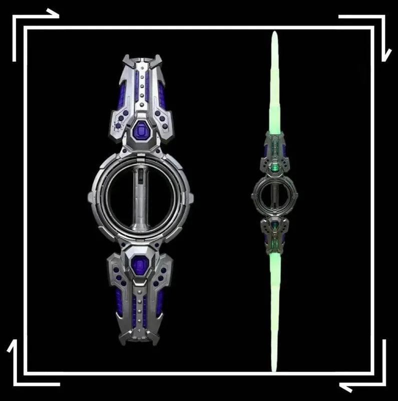 Silver and purple fire spinning sword toy with green double-edged lightsaber blade and belt