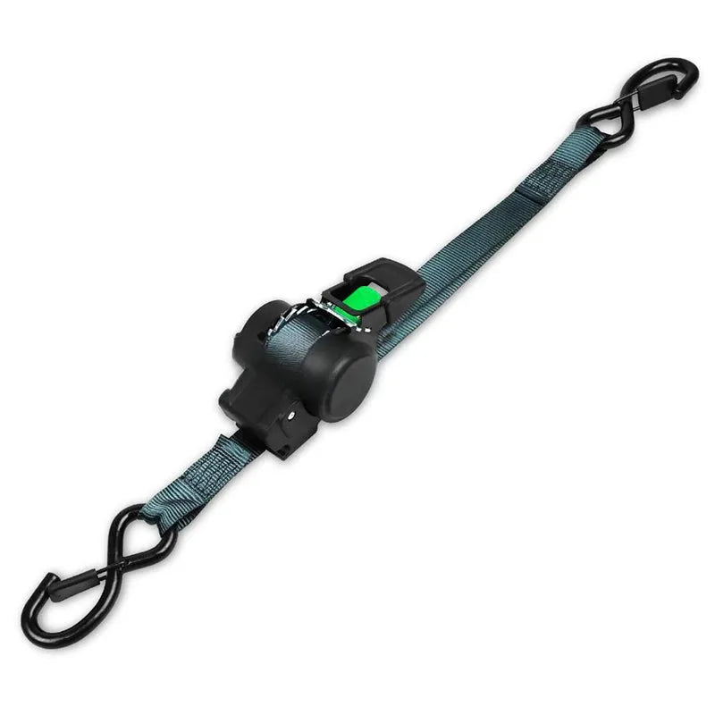Single automatic ratchet tie down strap with compact self winding unit, durable web strap, metal carabiner hooks