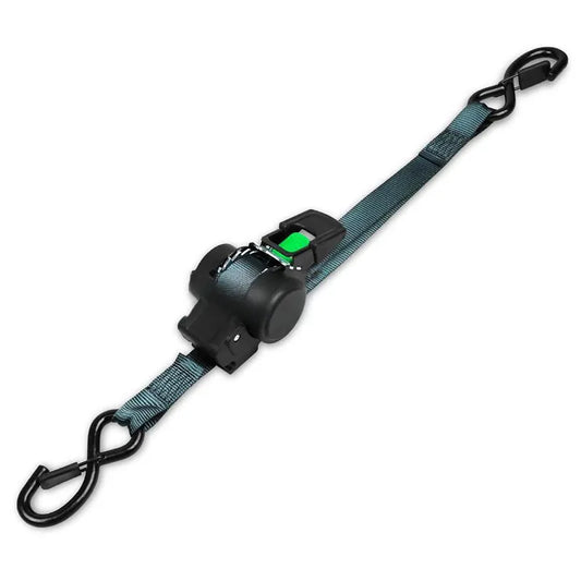 Single automatic ratchet tie down strap with compact self winding unit, durable web strap, metal carabiner hooks
