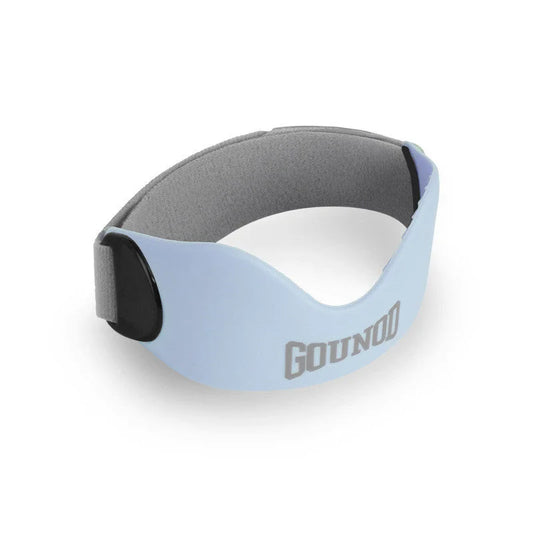 Single light blue running patella protective belt with soft inner padding and hook closure